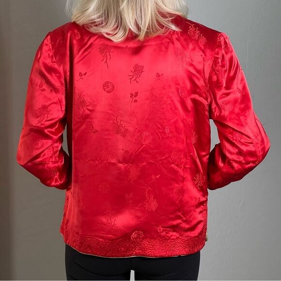 Silk Jacket Quilted Red Gold Boxy Split Hem 3/4 Sleeve Reversible Floral M - Picture 10 of 14